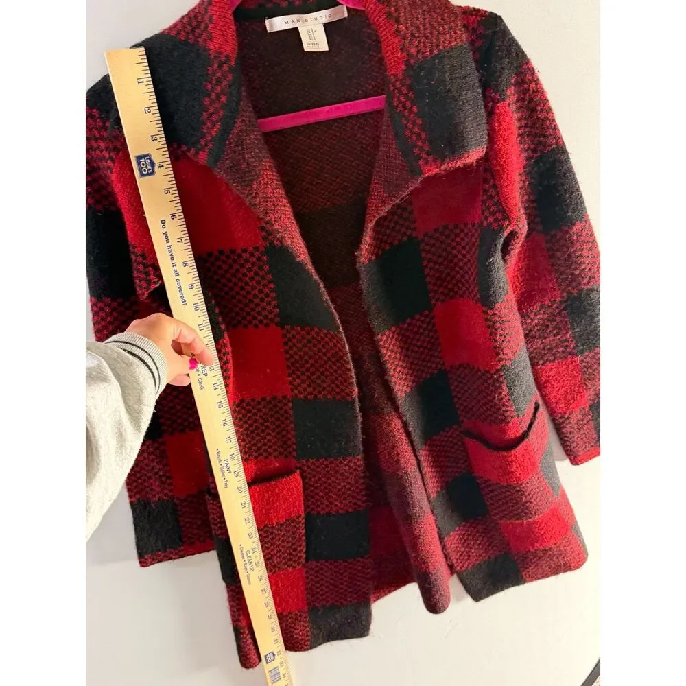 Max Studio Red Black Buffalo Plaid Open Front Cardigan Sweater Jacket